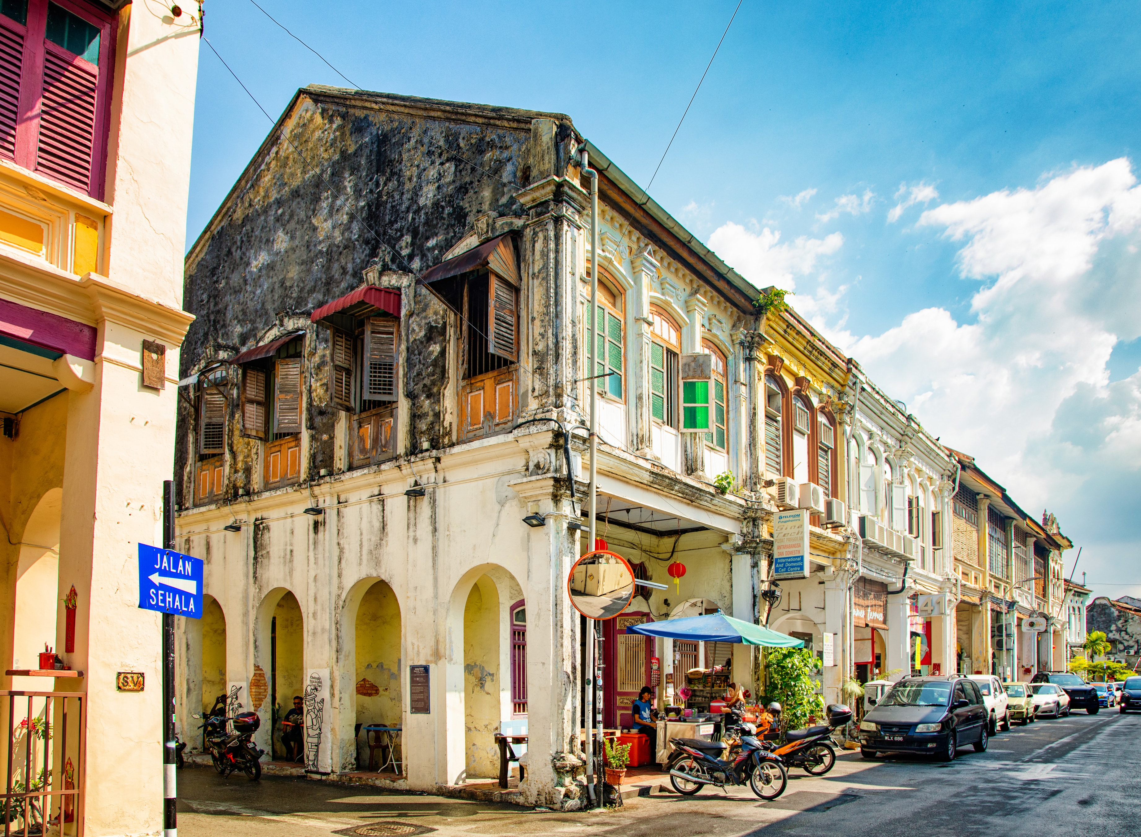 Historic colonial shophouse street, George Town Penang