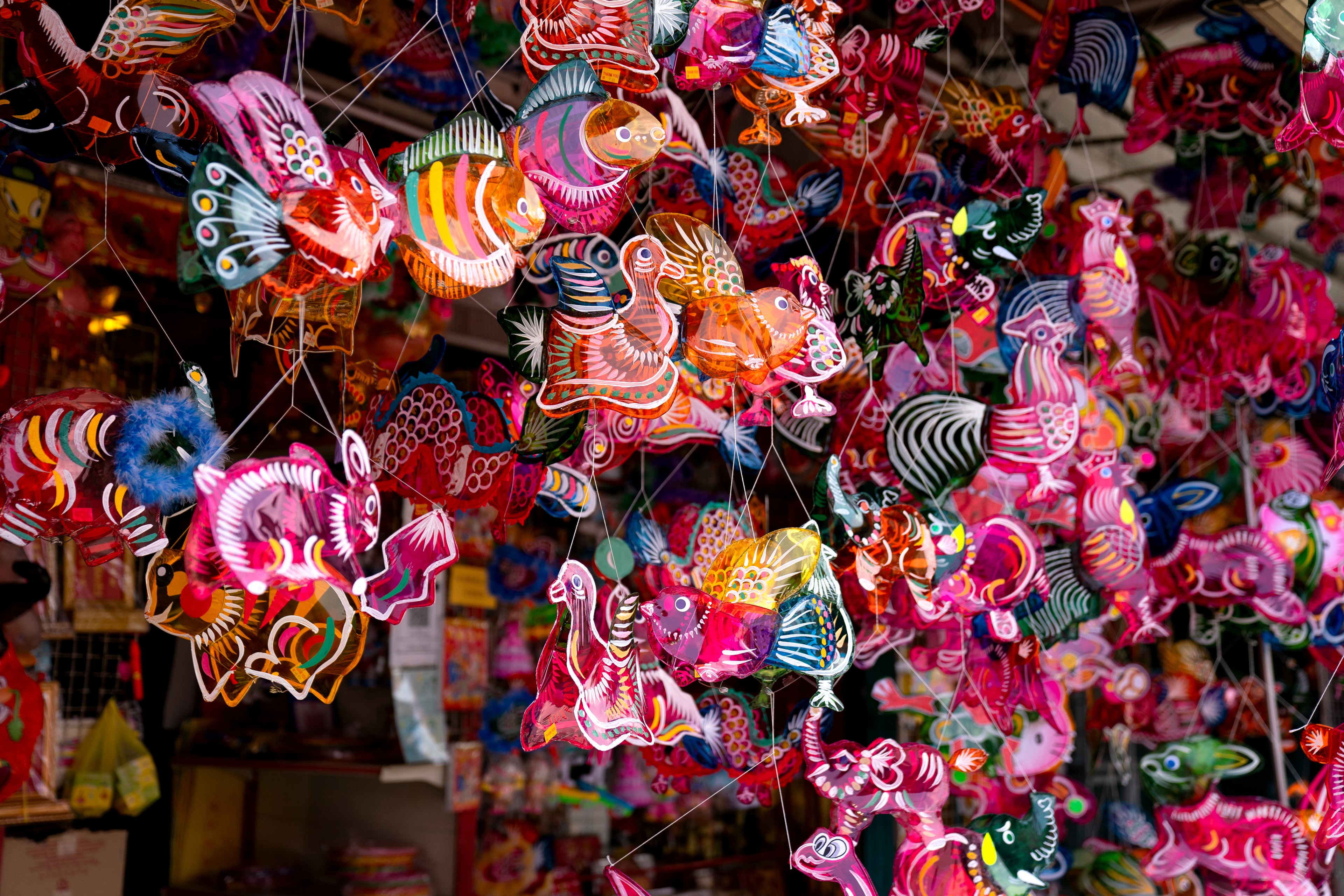 Colourful hanging paper lanterns at a Kuala Lumpur market